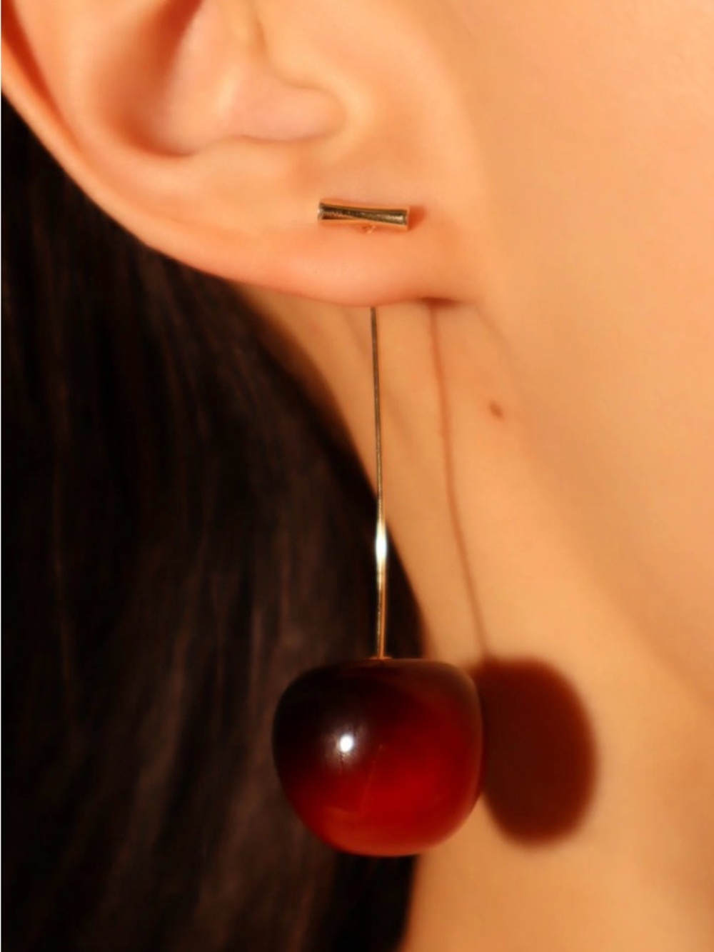 Glossy Red Cherry Stem Drop Earrings - Picture 3 of 4